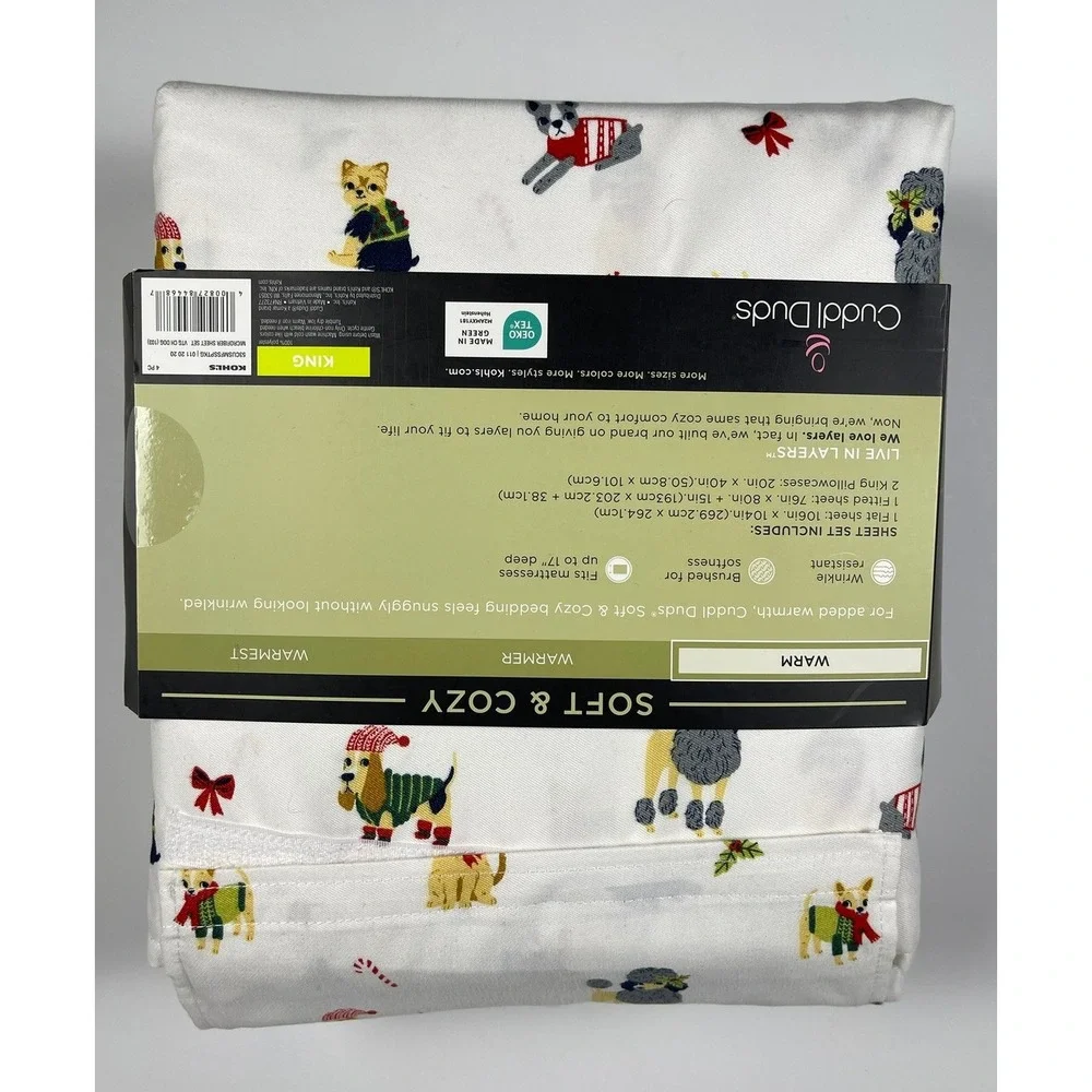 Cuddl Duds King Sheet Set Soft & Cozy Microfiber Christmas Dogs Cats White NEW